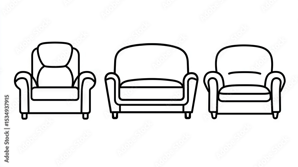 Outline drawing of three armchairs. Outline drawing of three armchairs.