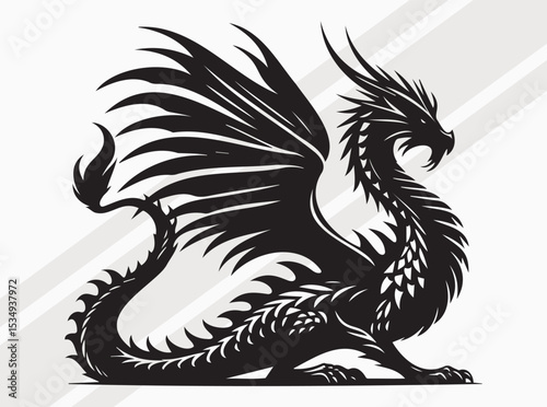 Wallpaper Mural Majestic Dragon Silhouette with Curled Tail and Wings for Mythical Fantasy and Tattoo Art Vector, Dragon Scale SVG Torontodigital.ca