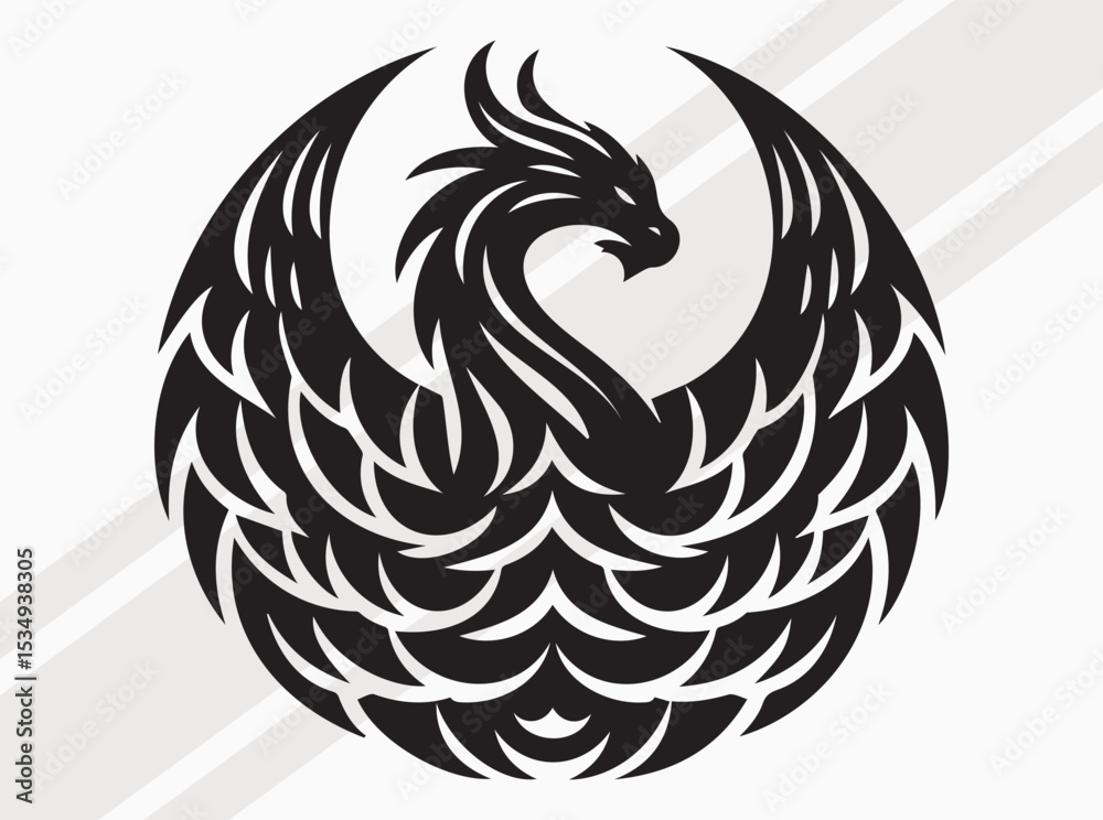Fototapeta premium Majestic Dragon Silhouette with Curled Tail and Wings for Mythical Fantasy and Tattoo Art Vector, Dragon Scale SVG