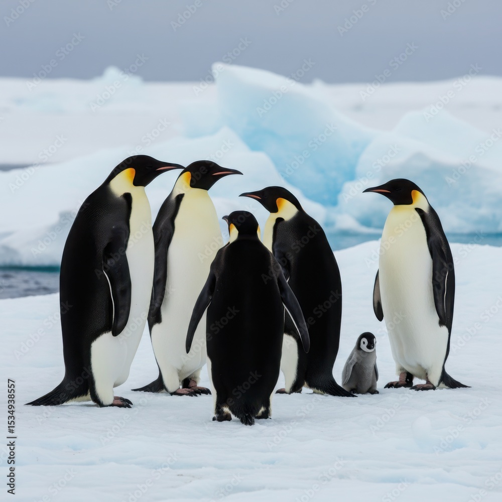 Fototapeta premium Emperor penguins gathering on ice floe antarctica