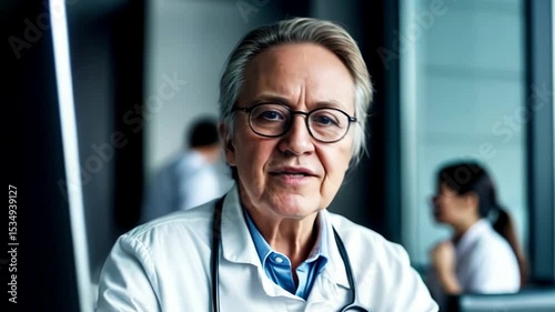 Serious friendly doctor talks to patient via video link, gives recommendations, consults on the Internet, uses computer at work in the office of the clinic.