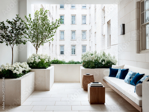 Elegant outdoor seating area with lush greenery in urban setting