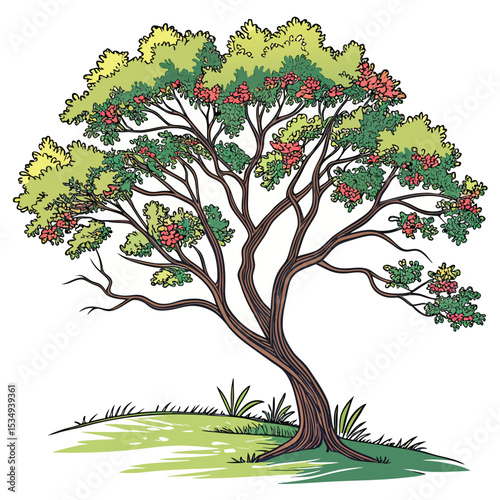 Colorful vector illustration of a flourishing tree with twisting trunk, green and red foliage, and lush grassy ground, capturing a vibrant and lively natural scene