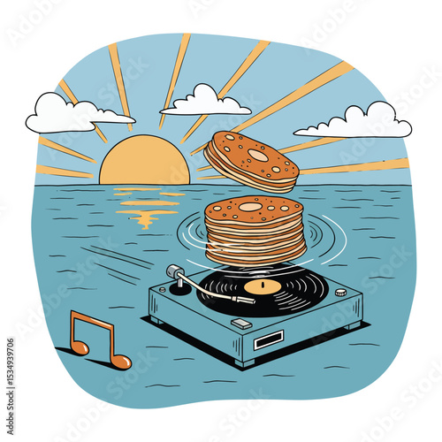 Pancakes levitating above a record player on a tranquil ocean sunset scene.