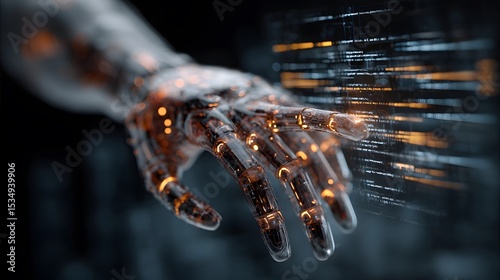 Futuristic Robotic Hand Reaching Out with Glowing Orange Lights in Dark Digital Environment