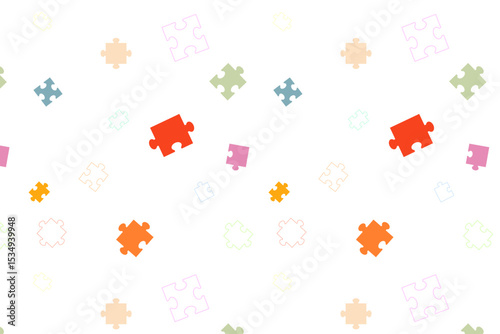 Pattern with colorful scattered jigsaw puzzle pieces, abstract pattern. Perfect for concepts of teamwork, connection, game, strategy, collaboration, and education design elements, texture, textiles.