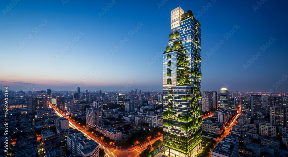 Obraz premium Modern city skyline with illuminated skyscraper at dusk