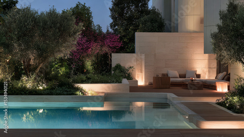 Serenity at twilight in a beautifully lit modern backyard oasis with a pool