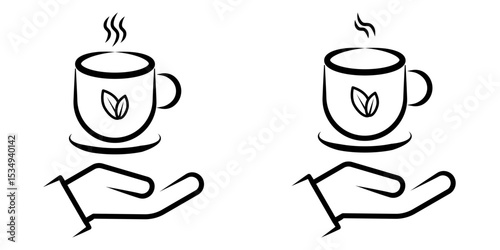 Hand Holding Hot Tea Cup Line Art Icon with Steam and Leaf. A minimalist black and white line art icon depicting a hand offering or holding a steaming hot beverage cup.