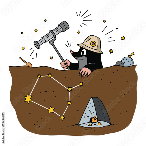 A curious mole, wearing a pith helmet, uses a telescope to observe constellations from its underground burrow, revealing hidden gems.