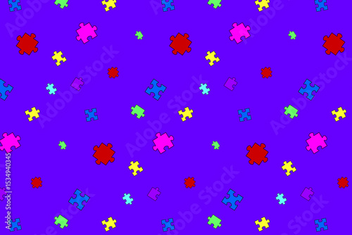 Pattern with colorful scattered jigsaw puzzle pieces, abstract pattern. Perfect for concepts of teamwork, connection, game, strategy, collaboration, and education design elements, texture, textiles.