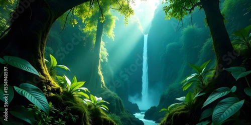  Lush Rainforest Waterfall with Sunlight and Green Foliage