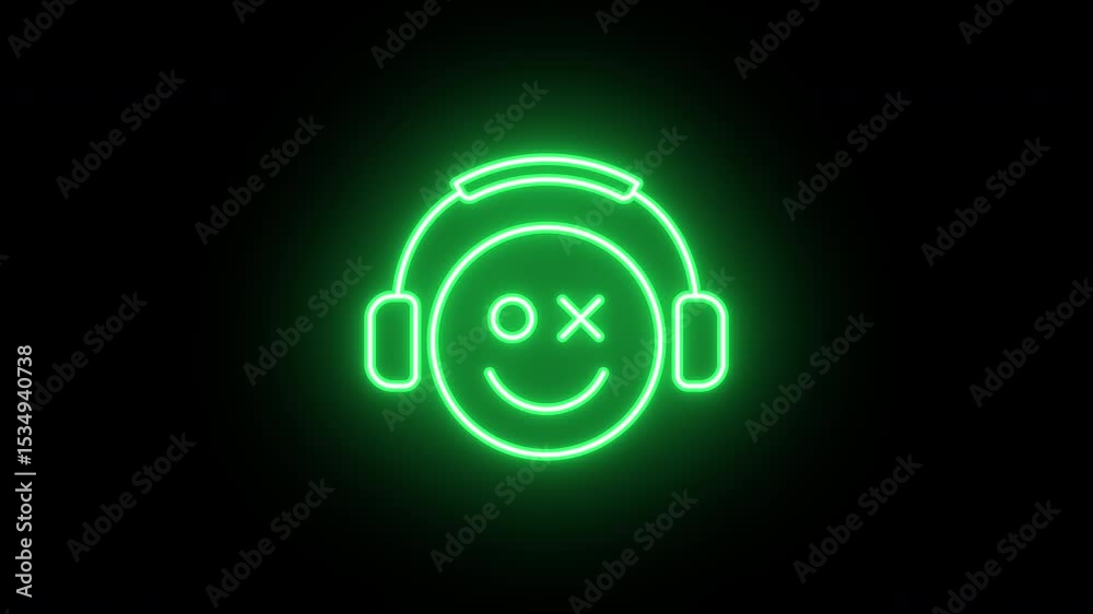 Neon gamer emoji icon, flickering emergence and fading. Glowing neon gamer head icon, looped animation. Player emoticon with headphones, computer geek smile, video games. Yellow green orange colors