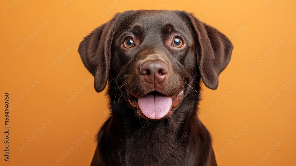 Fototapeta premium A charming brown Labrador retriever smiles, displaying a friendly, open expression, headshot.