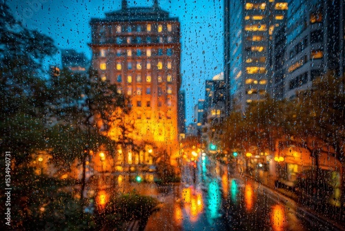 Close-up of Glistening Droplets Reflecting Urban Buildings in a City at Dusk with Street Lights