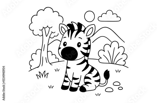 Coloring page of cute zebra for kids coloring book