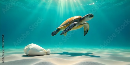 Sea Turtle Swimming Near Ocean Plastic Waste