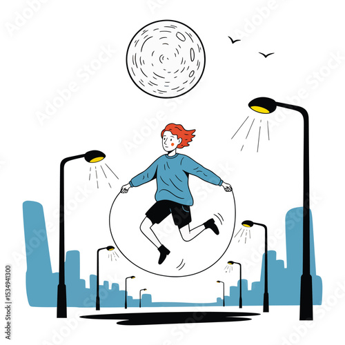 Girl joyfully jump-roping under a large moon, city lights illuminating her nighttime activity.