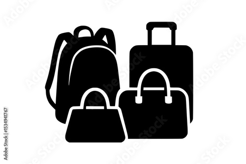 Black silhouette of various bags on a transparent background