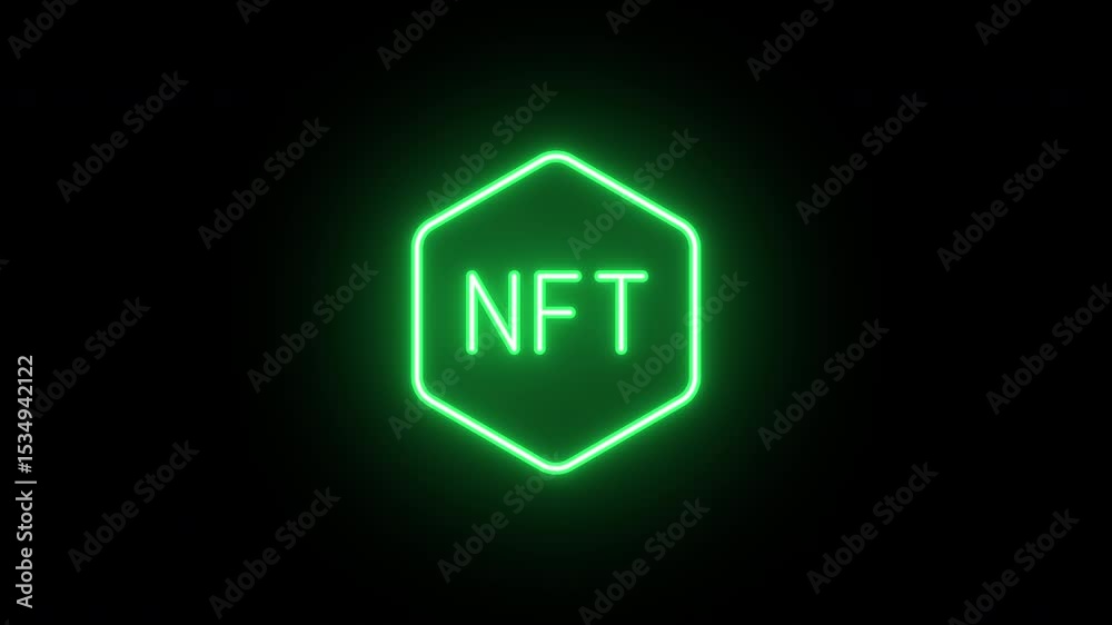 Neon NFT token icon, flickering emergence and fading. Glowing neon NFT icon, looped animation. NFT technology, digital token, virtual artwork marketplace, crypto coin. Violet blue azure colors