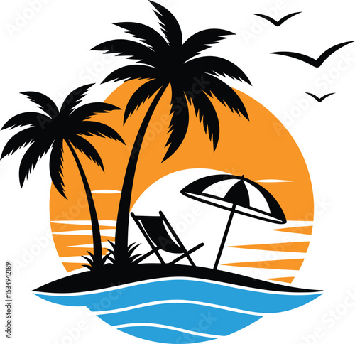 Tropical island sunset scene with palm trees beach chair and umbrella