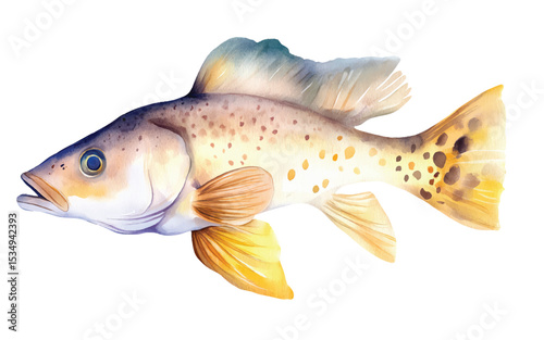 Sea watercolor fish illustration on white background. Fresh and raw seafood.