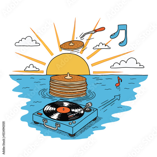 Whimsical illustration of pancakes being flipped over a stack rising from water, with a record player in the foreground.