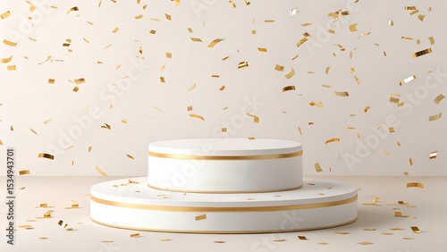 Elegant two tiered white podium with gold confetti