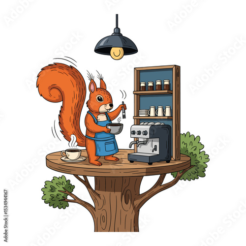 A red squirrel barista prepares coffee in a whimsical treetop cafe.