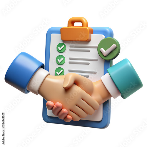 3d cartoon hands shaking on checklist agreement isolated on transparent background