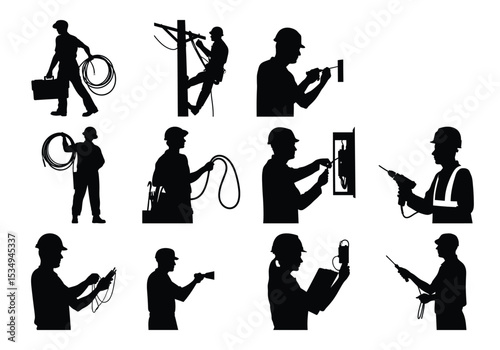 Electrician workers silhouette set isolated on white background