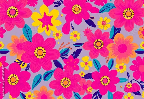 Wallpaper Mural Vibrant pink & yellow boho floral pattern Flat color style, print, art Torontodigital.ca