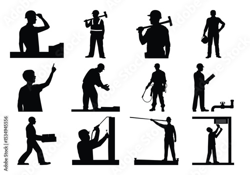 Twelve construction worker silhouettes isolated on white background
