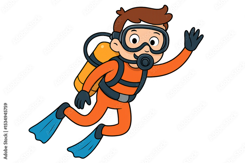 Cheerful cartoon diver swimming underwater, waving hand, illustrating marine adventure for kids' educational content and playful graphic design Cheerful cartoon diver swimming underwater, waving hand, illustrating marine adventure for kids' educational content and playful graphic design
