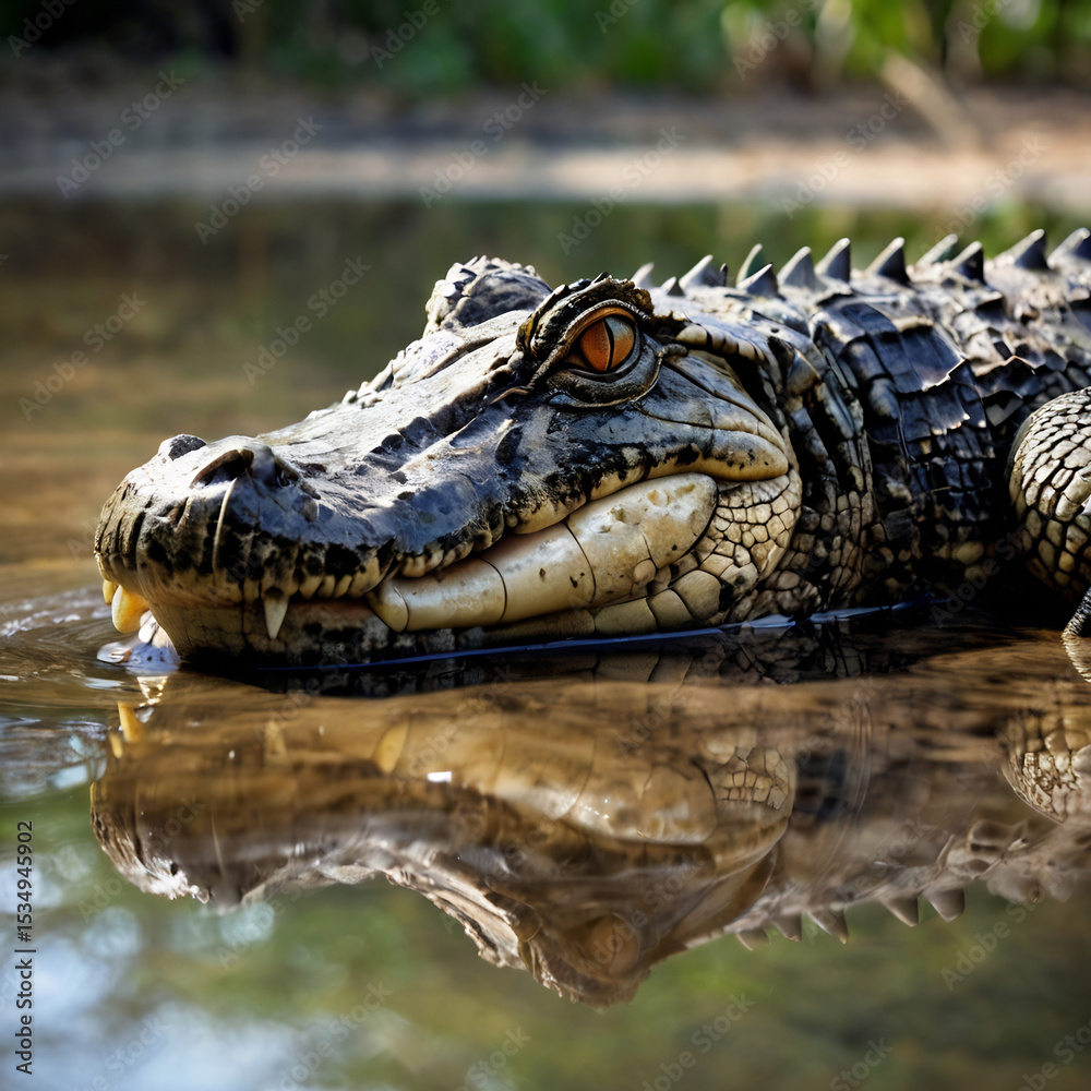 Obraz premium A caiman basking on a muddy riverbank, its textured skin and sharp teeth clearly visible. Reflection in the still water. 