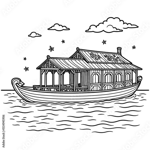 Dal Lake Kashmir with Shikara and Houseboat Vector Illustration

