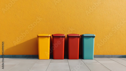 Wallpaper Mural Four colorful recycling bins (yellow, red, red, blue) lined up against a yellow textured wall on a tiled floor. Torontodigital.ca
