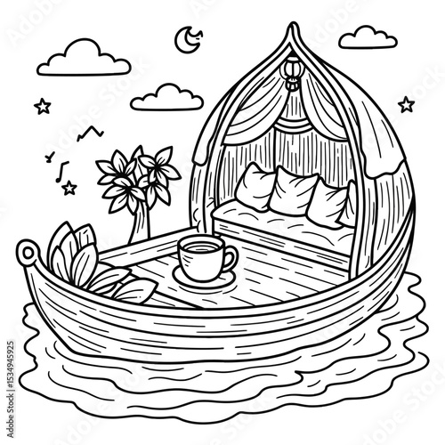 Dal Lake Kashmir with Shikara and Houseboat floating pillows and a steaming Kahwa cup Vector Illustration

