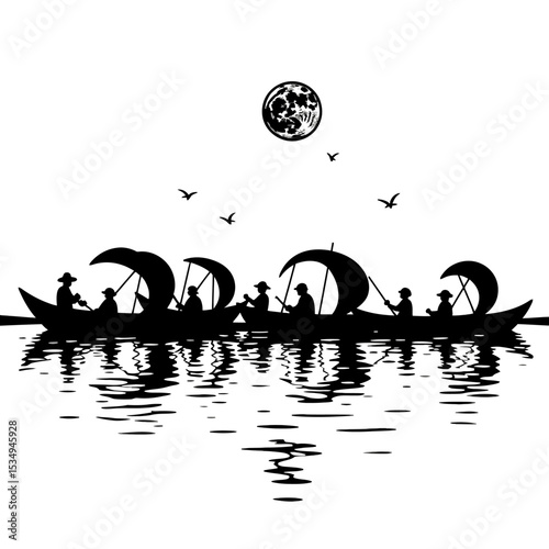 silhouette Dal Lake Kashmir with Shikara and Houseboat Vector Illustration

