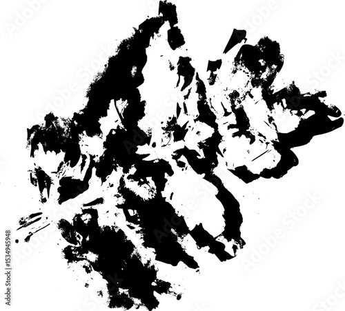 Detailed grunge-style black leaf stamps with natural textures and imperfections. Abstract leaf is uniquely imprinted in black ink and isolated on a clean background for design use.