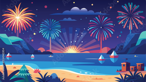 Celebratory fireworks over scenic ocean beachfront nighttime landscape illustration