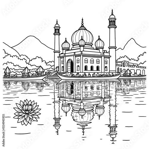 Hazratbal Mosque minaret reflects perfectly into Dal Lake’s waters Dal Lake Kashmir with Shikara and Houseboat Vector Illustration

