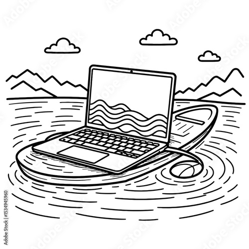 Dal Lake Kashmir with Shikara and Houseboat Vector Illustration

