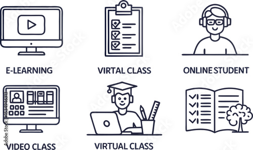 E-learning and online education icons dashboard, video classes, virtual students, and exams in clean black line vector style.