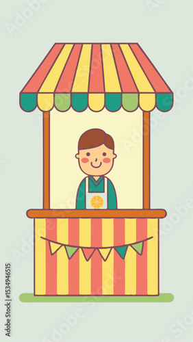 Cheerful cartoon illustration of a lemonade stand with a friendly vendor for various projects