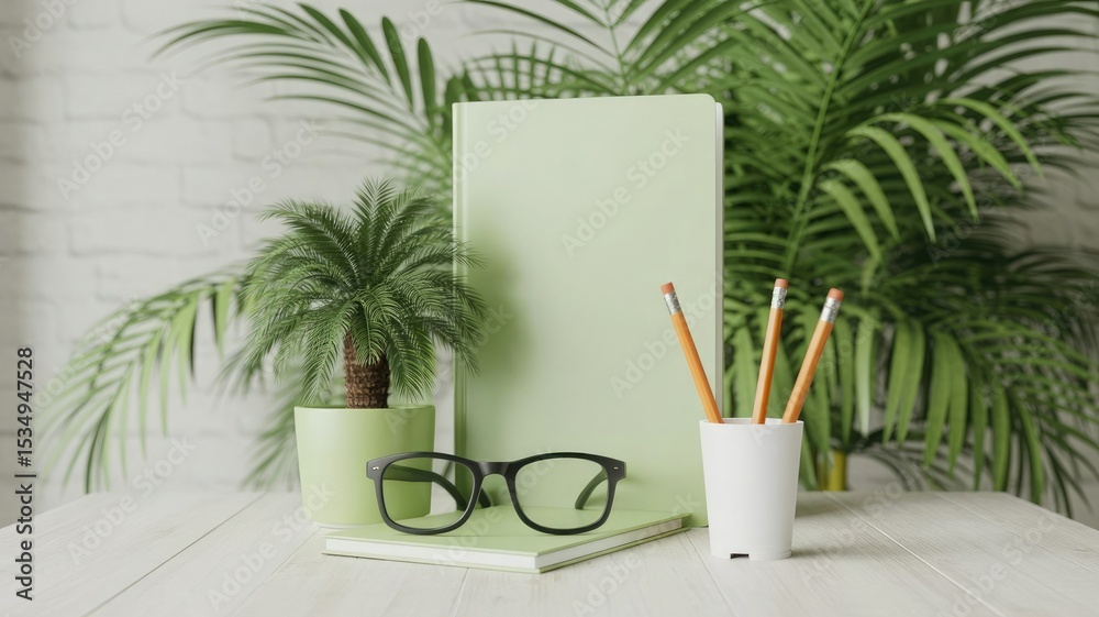 Fototapeta premium Sage green notebook mockup with pencils plant and glasses on white table
