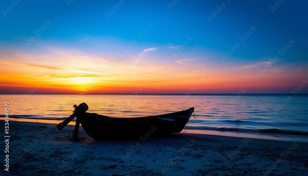 Fototapeta premium Silhouetted abandoned motorboat on tranquil seashore at sunset, deep blue sky, orange horizon, vacation, summer