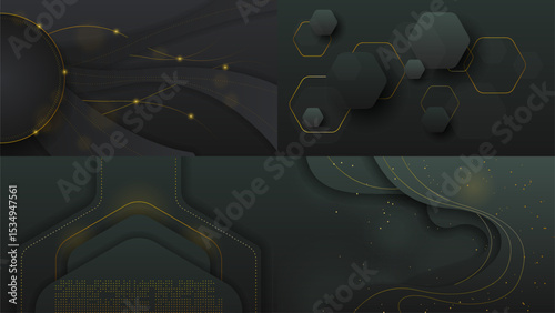 Set Abstract Collection Dark Black Gold Material Modern Background With Golden Lines Stripes Shadows Backdrop Wallpaper Decoration Vector Design Style