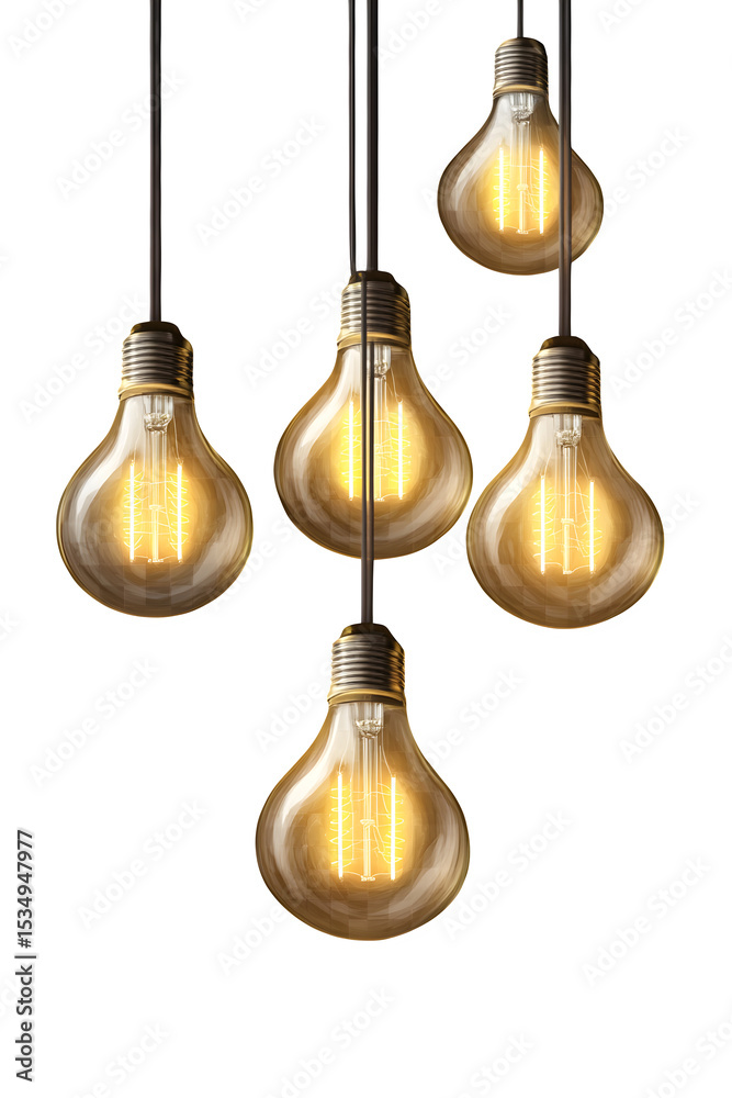 Obraz premium hanging light bulbs, glowing yellow bulbs on thin cords, isolated on transparent background