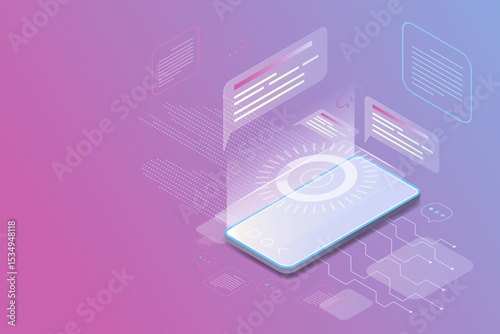 Isometric view of a smartphone on a pink blue technological background. Ideal for technology designs. Abstract digital device interface technology. 3D mobile phone with screen glow, isometric view.
